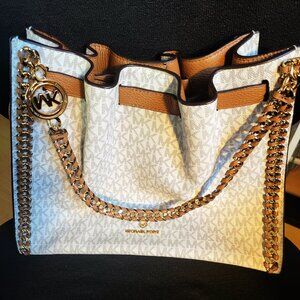MICHAEL KORS MINA LARGE SIGNATURE LOGO CHAIN SHOULDER BAG MK Vanilla